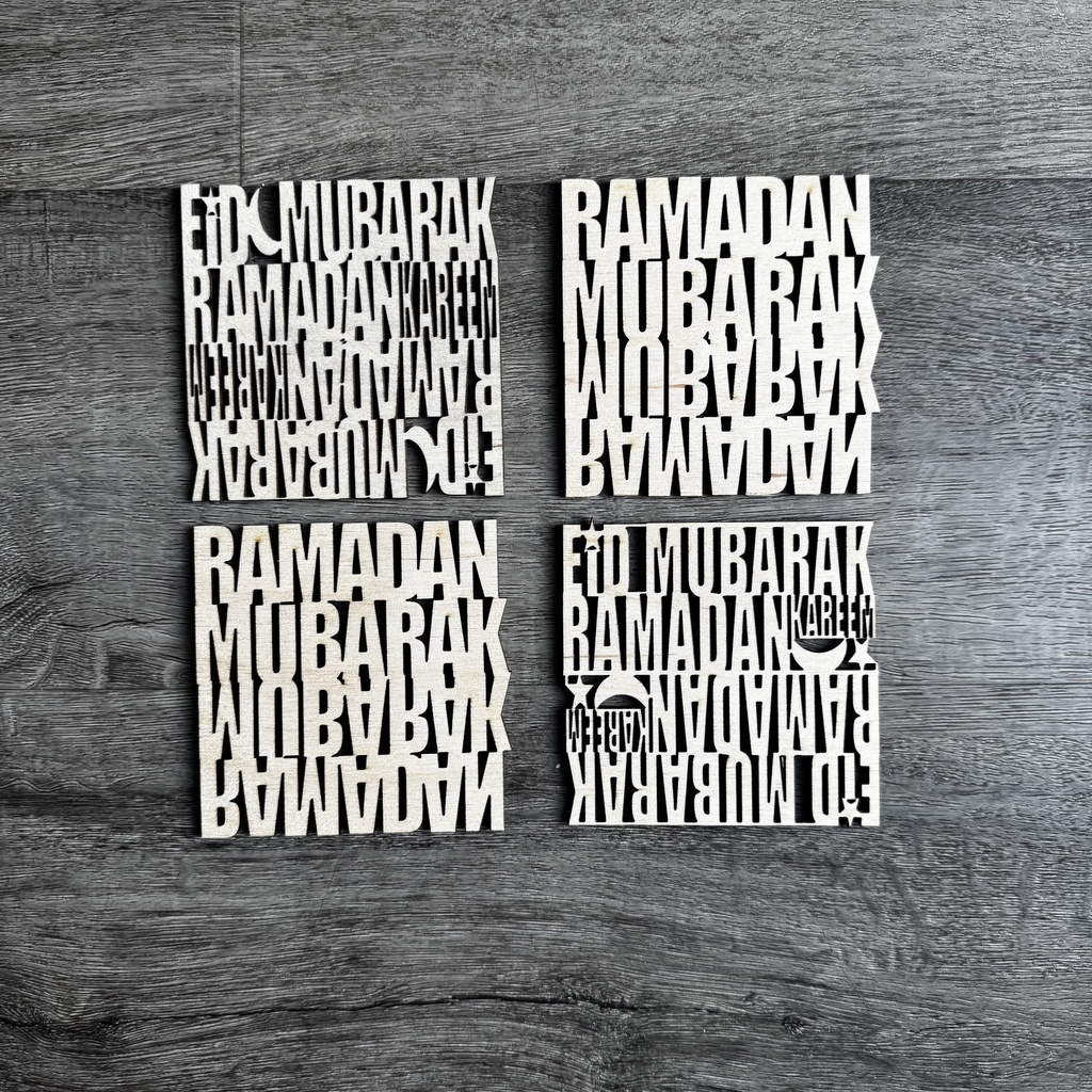 Set of 4. Unique Ramadan Design Wood Coaster with Personalized Tag for gift