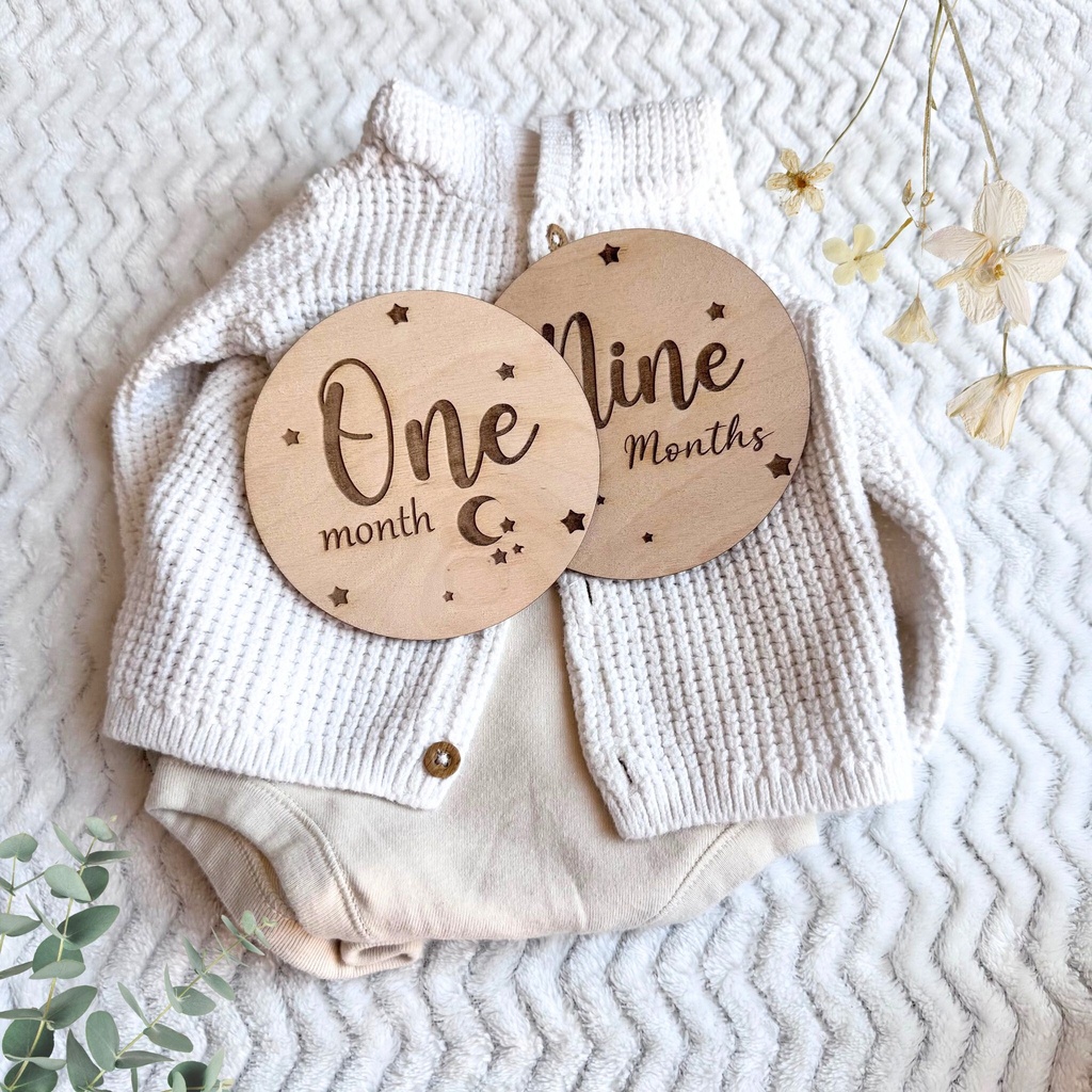 Wooden Personalized Baby Milestones + Hello World. Set of 14 Pieces
