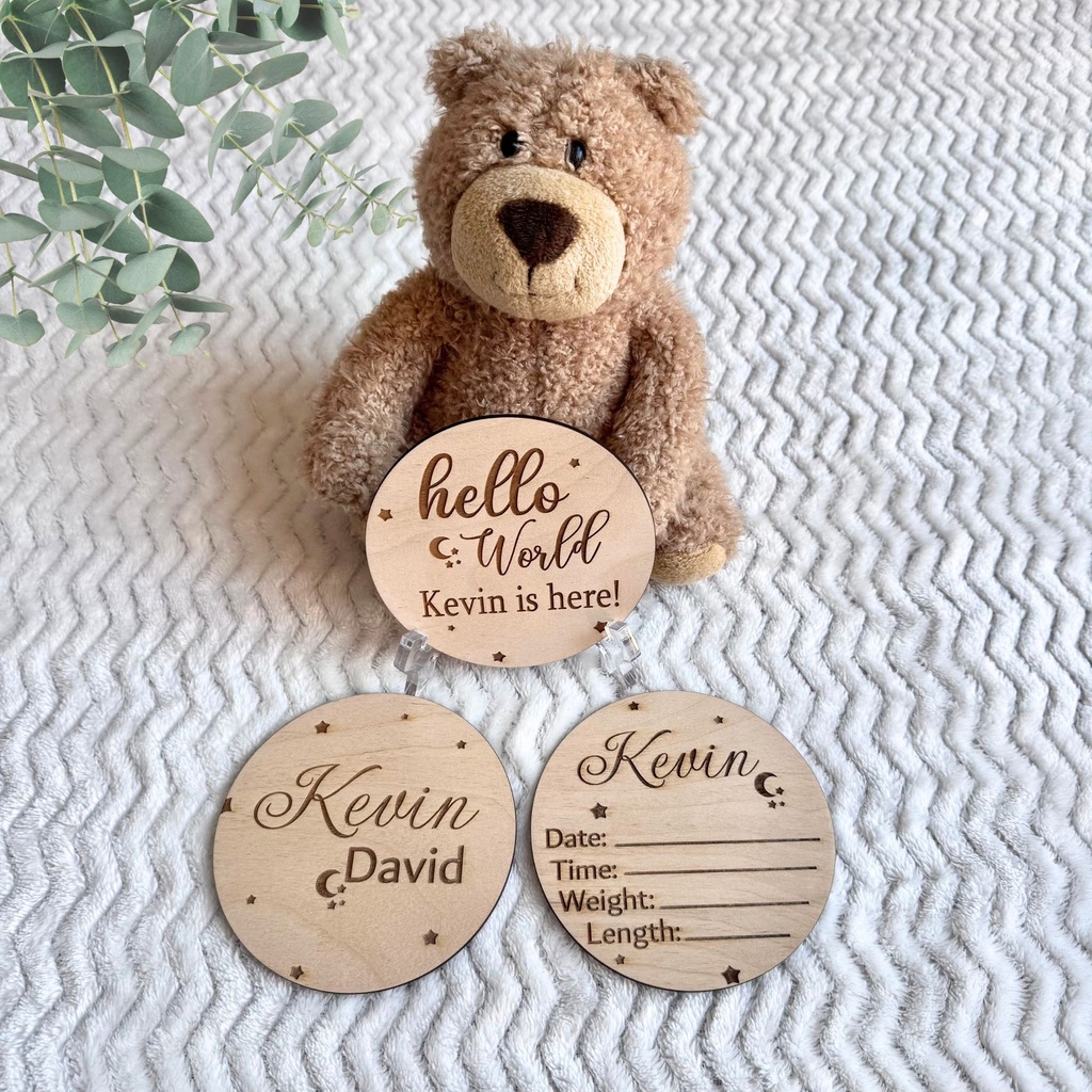 Wooden-Engraved and Personalized Baby Announcement. Set of 3 Pieces + Clear Stand