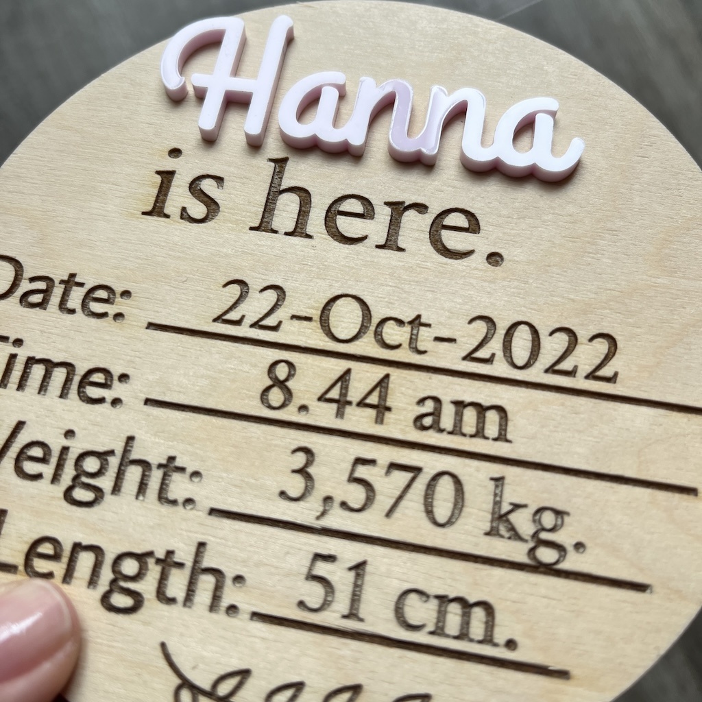 Wood and Acrylic Personalized newborn announcement Sign | Baby info engraved | Wooden Birth Sign