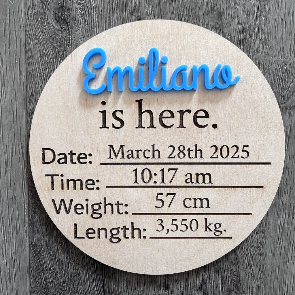 Wood and Acrylic Personalized newborn announcement Sign | Baby info engraved | Wooden Birth Sign