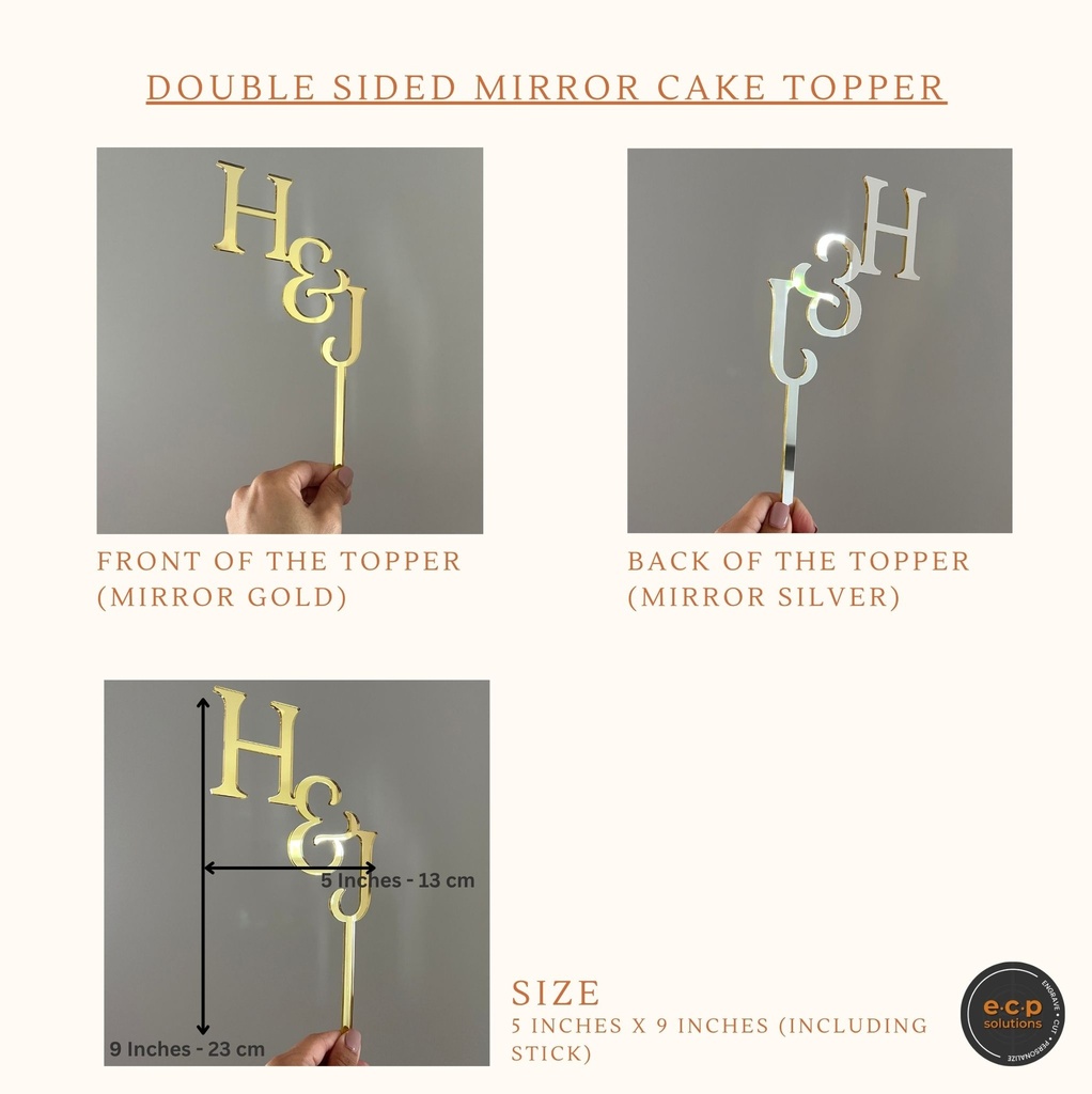 Double-Sized Mirror Acrylic Cake Topper | Monogram Letter | Custom Initials topper | Elegant Party Decoration | Custom Cake Topper