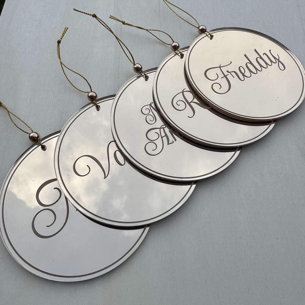 Personalized Christmas Ornament - Handcrafted, laser and engraving in Acrylic Mirror