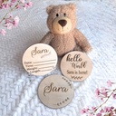 Wooden-Engraved and Personalized Baby Announcement. Set of 3 Pieces + Clear Stand