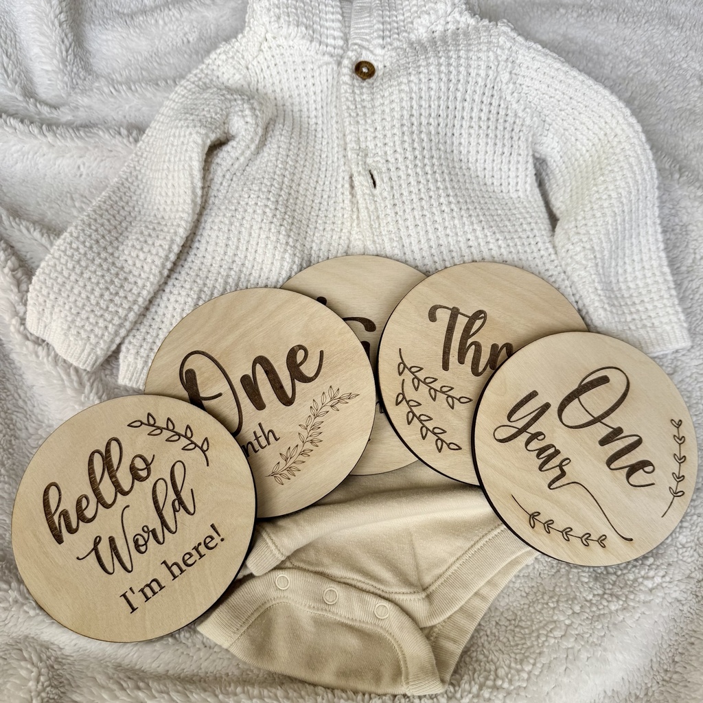 Wooden Personalized Baby Milestones + Hello World. Set of 14 Pieces