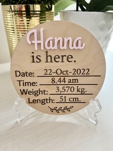Wood and Acrylic Personalized newborn announcement Sign | Baby info engraved | Wooden Birth Sign