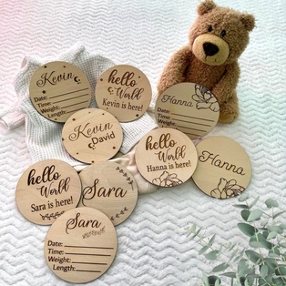 Wooden-Engraved and Personalized Baby Announcement. Set of 3 Pieces + Clear Stand