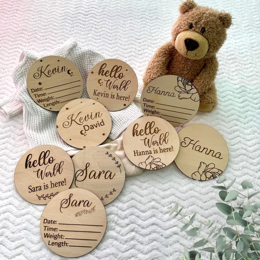Wooden-Engraved and Personalized Baby Announcement. Set of 3 Pieces + Clear Stand
