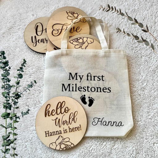 Wooden Personalized Baby Milestones + Hello World. Set of 14 Pieces